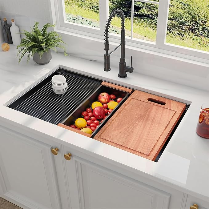 33 inch Gunmetal Black Undermount Kitchen Sink, Hausinluck Stainless Steel Undermount Workstation Sink 16 Gauge, Handmade Single Bowl Kitchen Sink with Ledge and Accessories (Pack of 5)