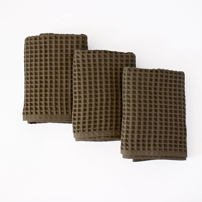PÜSKÜL Organic Waffle Kitchen Towel 100% Turkish Cotton Set of 3 Khakie Green - Premium Quality, Soft, Quick-Dry, Absorbent, Lint-Free Hand Towels 32X16 Inches (3, Khaki Green)