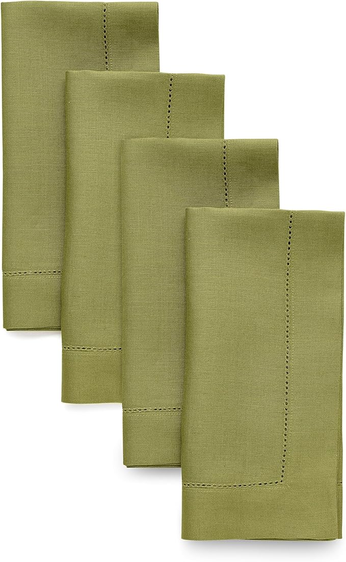Solino Home Linen Napkins Set of 4 - Classic Hemstitch 100% Pure Linen Avocado Green Dinner Napkins Cloth 20 x 20 Inch for Fall, Autumn, Thanksgiving, Winter - Handcrafted and Machine Washable