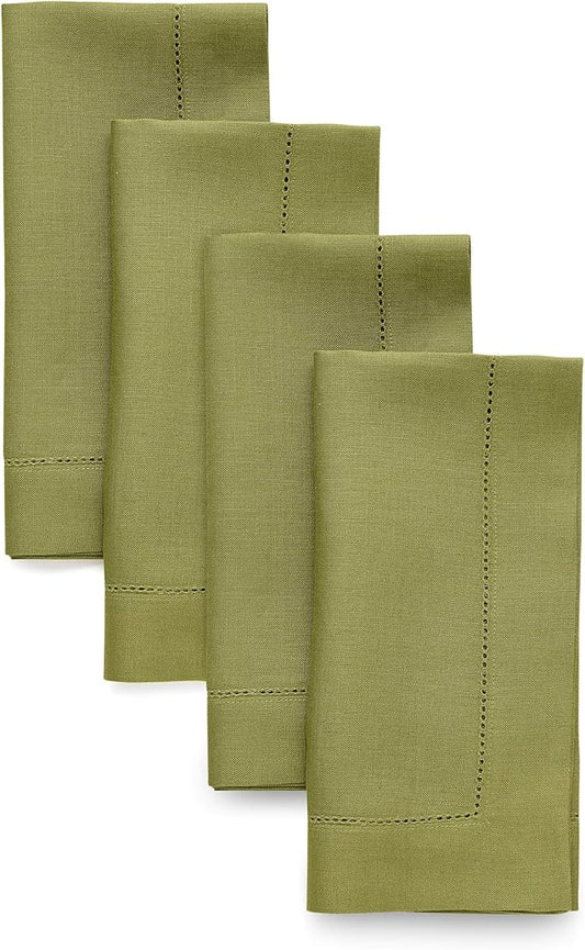 Solino Home Linen Napkins Set of 4 - Classic Hemstitch 100% Pure Linen Avocado Green Dinner Napkins Cloth 20 x 20 Inch for Fall, Autumn, Thanksgiving, Winter - Handcrafted and Machine Washable