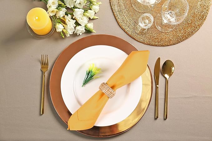 Ramanta Home Set of 12 Polyester Cloth Napkins 20x20 Inches - Hemstitched Washable Dinner Napkins for Weddings, Thanksgiving, Hotel - Soft Yellow Table Linen for Parties or Everyday Use - Mustard
