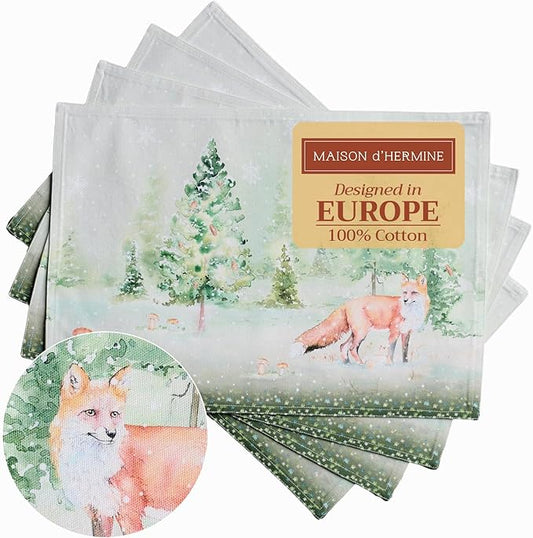 Maison d' Hermine Placemats Set of 4 100% Cotton Washable Cloth Place Mats, Reusable Table Mats for Thanksgiving Christmas Decorations Kitchen Dining Party Wedding (Winter Mornings, 13" x 19")