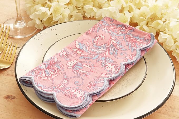 PurpleEssences Scalloped Embroidery Kalamkari Cloth Napkins Christmas Holiday Winter Table Decor 100% Cotton Set of 4-18 x 18 inch - Blush Pink Edges Light Blue