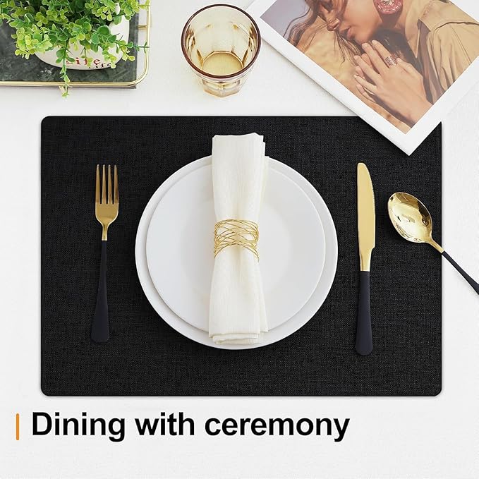Homaxy Cloths Placemats for Dining Table Set of 4, Heat Resistant Washable Cotton Linen Blend Table Mats, Easy to Clean Place Mats for Indoor Outdoor Party Kitchen Decoration, 13" x 19", Black