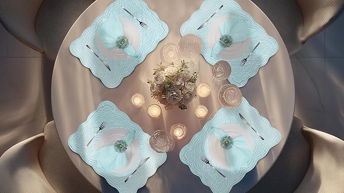 Quilted Placemats Set of 4 with Matching White Cotton Napkins – 4 Piece Table Mats & 4 Cloth Napkins – Solid Color Table Linen Set for Everyday & Holiday Dining (4, Aqua Blue)