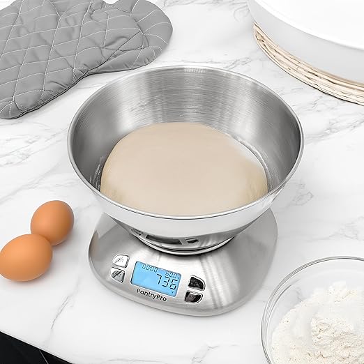 Stainless Steel Digital Kitchen Scale w. Bowl - for Food Coffee Lab - LCD Display gram Ounces lb:oz lb ml - 12 LBS/5.5 KG Capacity - Battery Included - Gold by The Display Guys