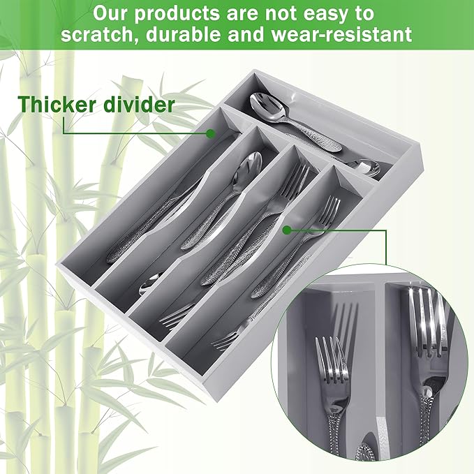 Greenual Gray Silverware Organizer 10 In Utensil Organizer Silverware Tray for Drawer Cutlery Flatware Organizer for Kitchen Bamboo Wood