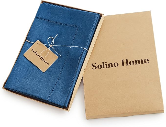 Solino Home Linen Napkins Set of 4 - Classic Hemstitch 100% Pure Linen Indigo Blue Dinner Napkins Cloth 20 x 20 Inch for Fall, Autumn, Christmas - Handcrafted and Machine Washable