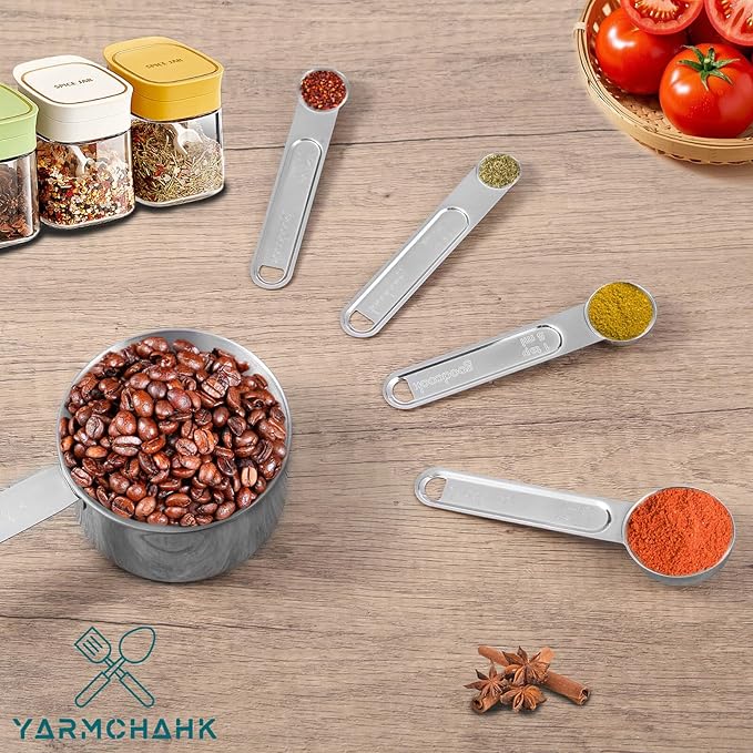 Stainless Steel Measuring Cups and Spoons Set, 8 Piece Essential Kitchen Tools, Measuring Kitchen Gadgets with Good Grips for Spice Jar, Liquid & Dry Ingredients, Pet Food, Coffee Scoop