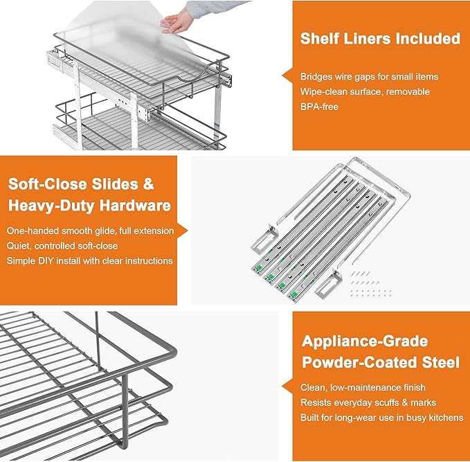 ALINE FURNITURE 2-Tier Pull Out Cabinet Organizer - 20" W x 22" D Soft Close Pullout Shelves with Shelf Liners - Slide Out Drawers for Kitchen Cabinets, Pantry, Bathroom, Heavy Duty Steel Wire Baskets