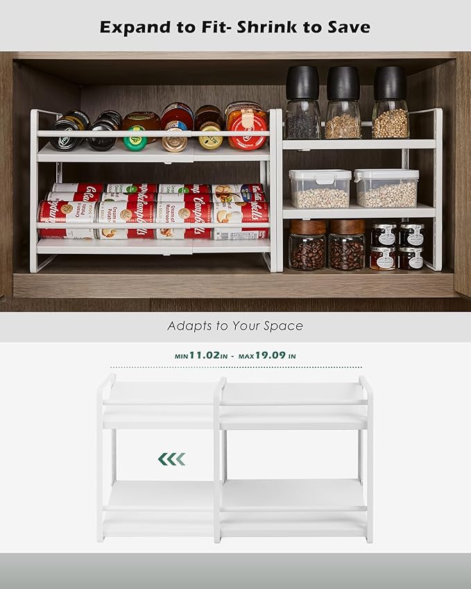 2-Tier Storage Rack Organizer for Foil Plastic Wrap Box Spice Bottle Seasoning Can Kitchen Countertop Pantry Desktop Cabinet Under Sink Coffee Station Organization Shelf Expandable Adjustable Metal