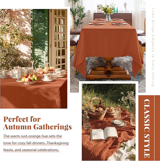 Linen World Fall Linen Tablecloth 90" x 60" Inch,French Linen Washable Rectangular Table Cloth for Dining,Outdoor, Weddings and Restaurants,Decorative Thanksgiving Christmas,Burnt Orange