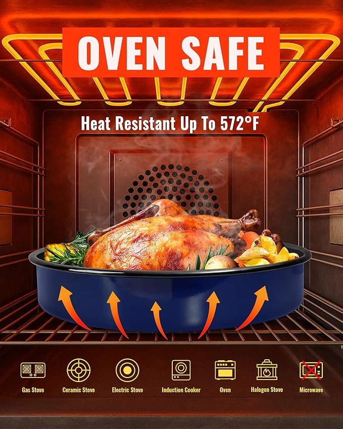 Enamel Baking Pans Set Round Roasting Dish 4-Pack 9/10/12/14 Inch Non Stick Large Bakeware for Cake Bread Pie Pizza Turkey Steak, Non-Toxic Carbon Steel Oven Dishwasher Safe Thanksgiving Cookware