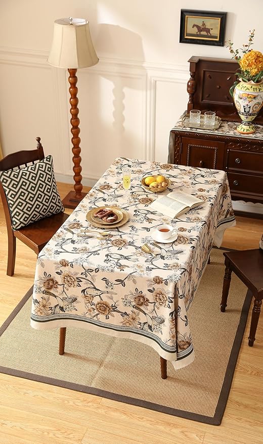 Floral Tablecloth for Rectangle Tables,Linen Table Cloth with Yellow and White Flowers Pattern,Durable Table Cover for Dining Thanksgiving Kitchen Decor Party Banquet Christmas,55"*87"
