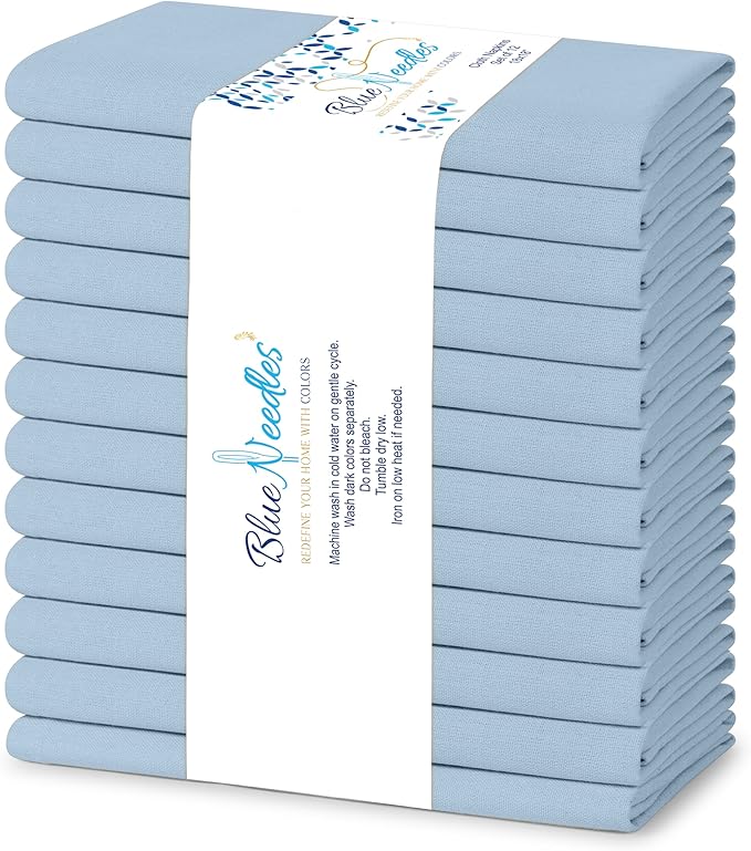 Blue Needles Solid Cloth Napkins Set of 12 Ice Blue 100% Cotton Dinner Napkins 18x18 inches - Soft, Reusable, Absorbent & Washable Fall Thanksgiving Linen, Ideal for Events, Parties & Everyday Use
