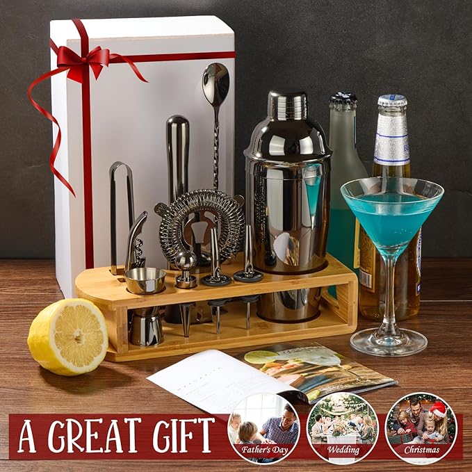 Cocktail Shaker Set Bartender Kit : 12-Piece Bar Tool Set with Bamboo Stand | Bar Set with All Practical Bar Accessories, for Drink Mixing, Bar, Home, Lounge & Party (Titanium Grey)