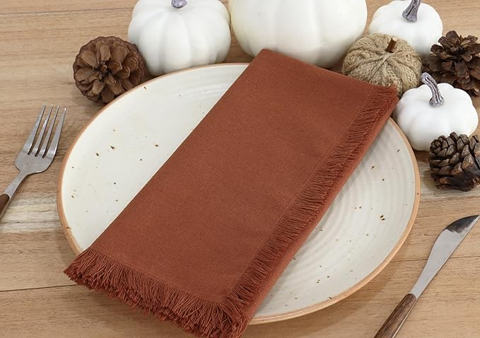 PurpleEssences Rust Cloth Napkins with Fringes, 100% Cotton Christmas Holiday Winter Table Decor, Set of 6 18x18 Inch Reusable Dinner Napkins for Parties and Weddings - Rust