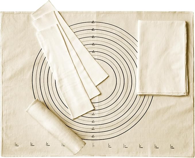 Tessco 6 Pieces Pastry Cloth and Rolling Pin Cover Set Includes 2 Pcs 25 x 20 Inch Large Cotton Pastry Mat 4 Pcs 14 x 2.5 Inch Rolling Pin Cover Sleeves for Dough Bread Pie Baking Kitchen Supplies
