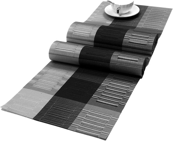 SHACOS Placemats with Table Runner Set of 7 Woven Vinyl Table Mats and Runner for Dining Table Heat Resistant, Ombre Black Gray