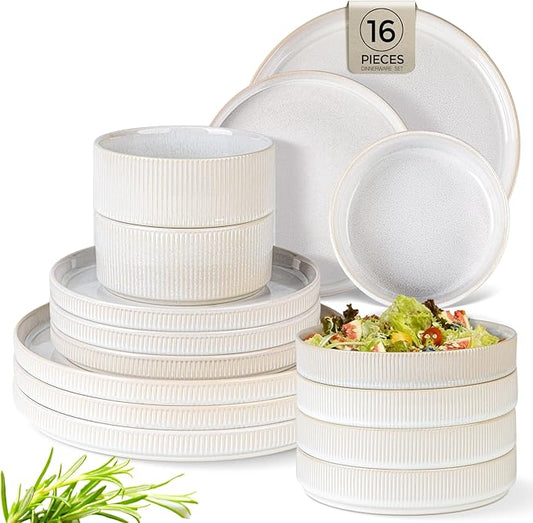 TheTerra Ceramic Dinnerware Sets with Pasta Bowls for 4, 16 Pieces Porcelain Lightweight Plates and Bowls Sets, Scratch Resistant Dish Set, Oven & Microwave & Dishwasher Safe, Reactive White