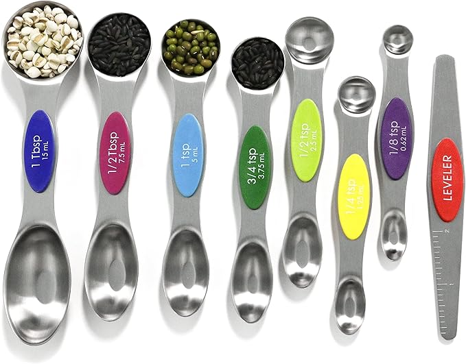 Magnetic Measuring Spoons Set Stainless Steel with Leveler, 8pcs Multicolors Measuring Cups Set for Baking, Measuring Cups and Spoon Set Kitchen Gadgets Apartment Essentials Fits in Spice Jars