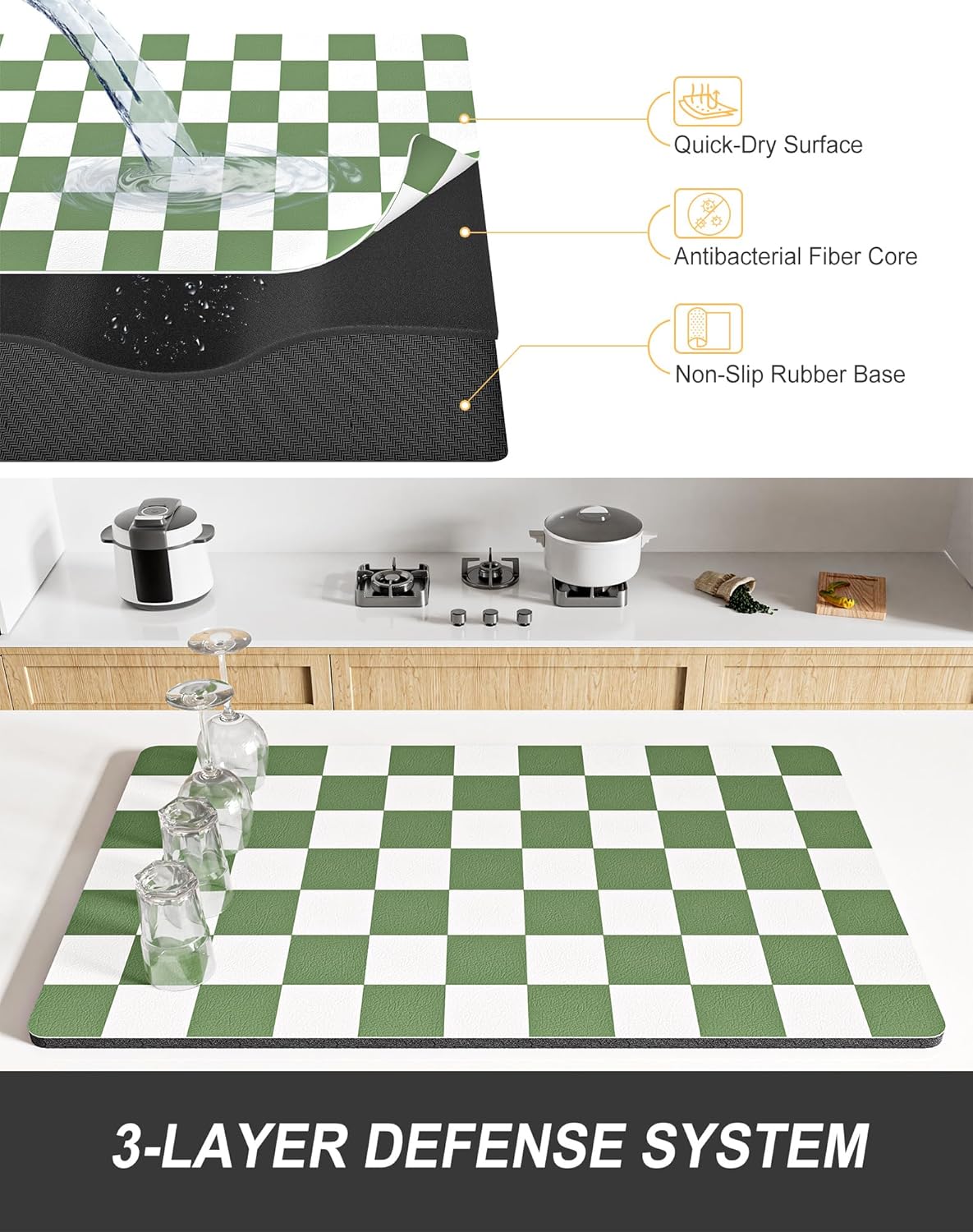 Rnivvi Dish Drying Mat for Kitchen Counter, 12 x 19" Cute Checkered Absorbent Draining Pad, Non-Slip Heat Resistant Coffee Bar Mats for Coffee Machine Station Accessories, Green White Dish Rack Pad