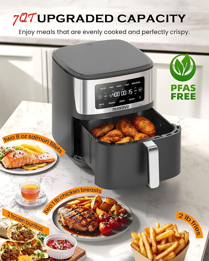 Nuwave Brio Plus 6-in-1 Air Fryer, 7-Qt Large Capacity, 50°F–400°F Precise Temp Control, Non-Toxic PFAS-Free Nonstick, Air Fry, Bake, Roast, Toast, Dehydrate, Reheat, 100 Presets, Dishwasher Safe