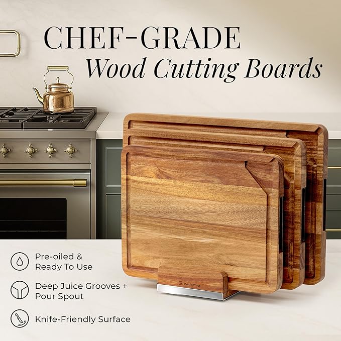 Acacia Wood Cutting Board Set with Holder – 4 Piece Wooden Cutting Board Set with Stand – Reversible Charcuterie Tray with Juice Grooves and Silver Handles – Stylish Kitchen Gift