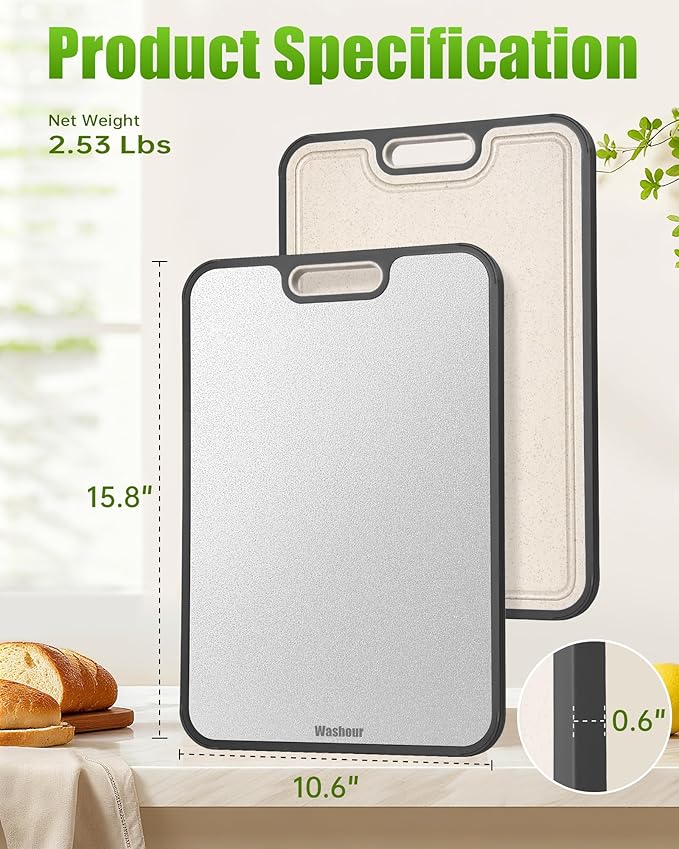 Stainless Steel Cutting Boards for Kitchen, Non Toxic Double Sided Cutting Board, 2-in-1 Wheat Straw PP, Large Chopping Board for Meat and Fruit, Non-Slip, Gifts for Housewarming 16”×11”