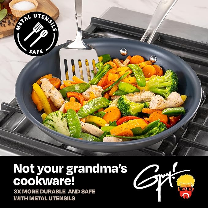 Guy Fieri's Flavortown Laser Titanium 12” Fry Pan with Lid - Non-stick Cookware Without PFAS, PTFE, or PFOA, 3x More Durable, Dishwasher Safe, Oven Safe