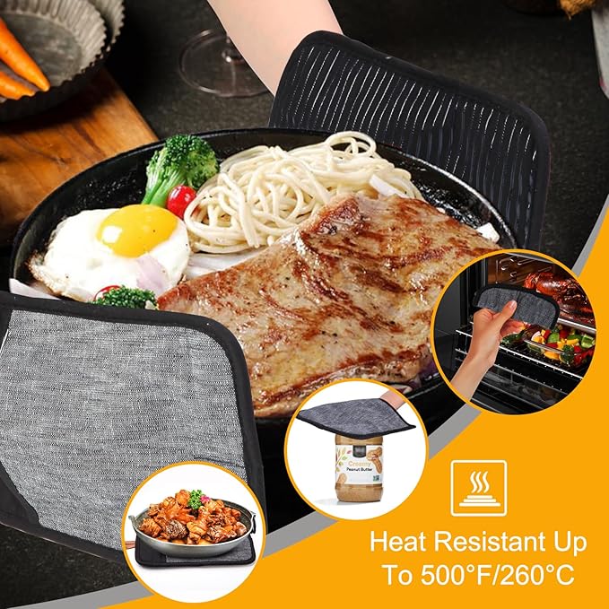 4PCS TIPTAP Oven Mitts, Kitchen Oven Mitts Set, Non Slip Cotton Oven Mitt and Pot Holders,Heat Resistant, Machine Washable,2 Long Mit and 2 Pot Holder(Black)