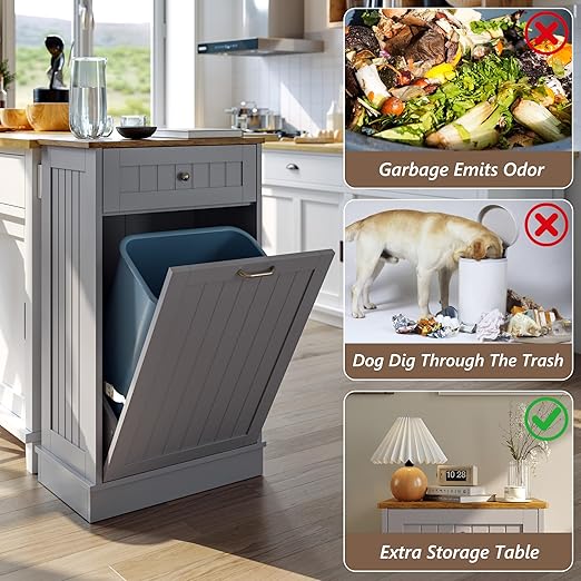 Tilt Out Trash Bin Cabinet Dog Proof Trash Can Holder Kitchen Island with Garbage Bin or Tilt Out Laundry Hamper (Gray)