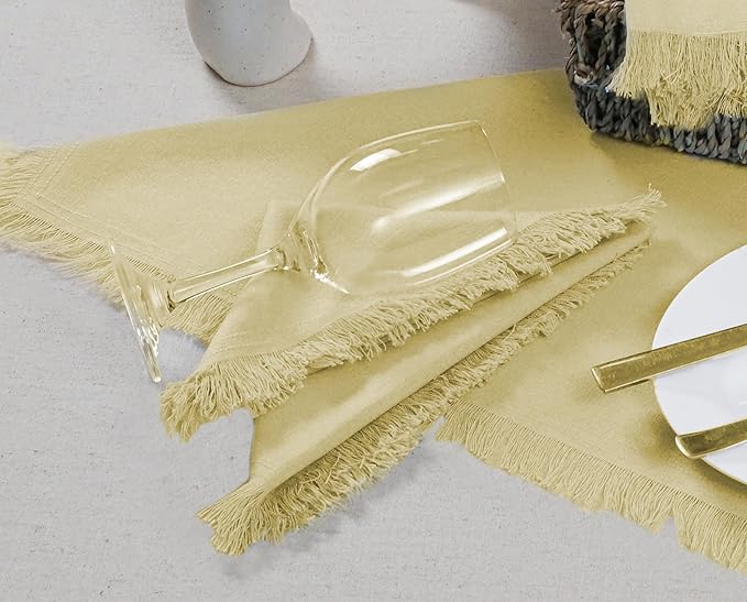 Bedding Craft Cotton Cloth Dinner Napkins Set of 12 – 18x18 French Vanilla Light Yellow with Fringed Corners – Machine Washable Fabric Napkins for Weddings, Baby Showers & Table Décor