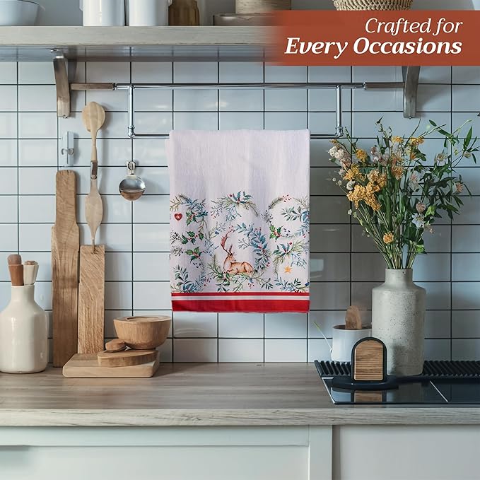 Maison d' Hermine Kitchen Towels Set of 3 100% Cotton 20" x 27.5" Reusable Cloth Tea Dish Towels Absorbent with Hanging Loop for Kitchen Dining Thanksgiving Christmas Decorations (Holly Time)