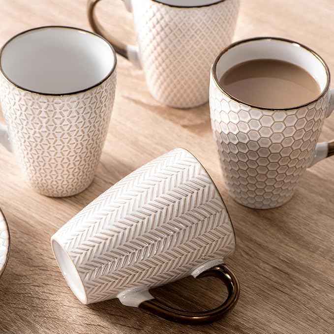 Ceramic Coffee Mug Set - 16 Oz Large Coffee Mugs - Embossed Stoneware Cups with Handle for Latte Tea Cappuccino Cocoa - Microwave Dishwasher Safe - Set of 4 - White