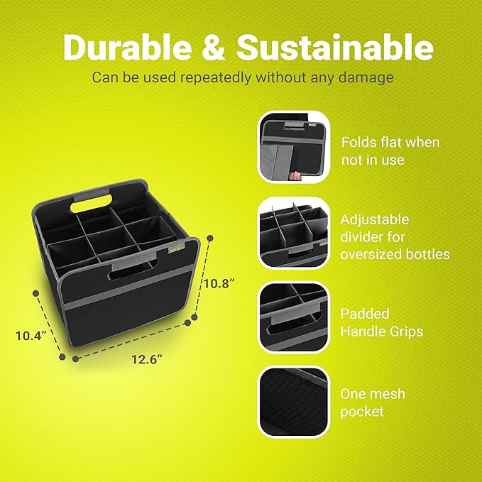 meori Black Foldable Wine Carrier 9 Slot Lava Collapsible Storage Tastings Grocery Shopping Car Bottles Milk Soda Beer B100339