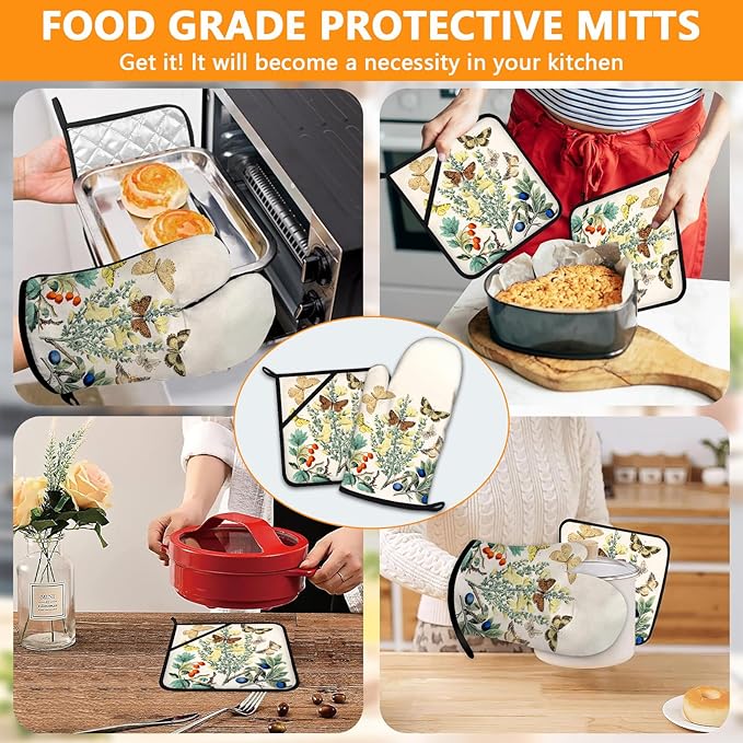Wildflowers Butterfly Oven Mitts and Pot Holders Sets 4Pcs,Extra Long Oven Gloves Potholder for Kitchen Cooking Baking BBQ 100% Cotton Heat Resistant