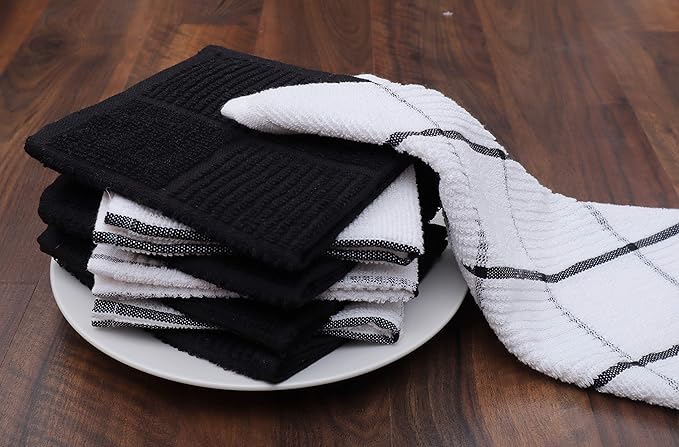 AMOUR INFINI Dish Cloths for Washing Dishes Set of 8 - Highly Absorbent, Super Soft Kitchen Dishcloths - Reusable Quick Dry Dish Rags for Cleaning & Drying Kitchen Linens (12x12 Inch - Black)