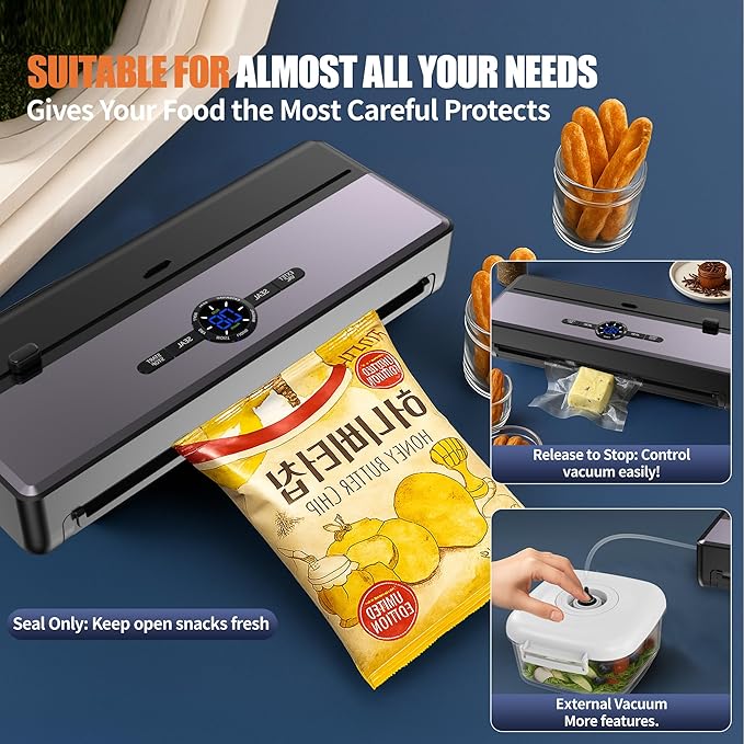 Sealer Machine for Food Storage, 85KPA Strong Suction, Dry/Moist Mode, Automatic Seal in 10-20 Seconds with 10 Vacuum Bags & 1 Roll, Built-in Cutter, Bag Storage & Vacuum Hose, for Home Kitchen Use