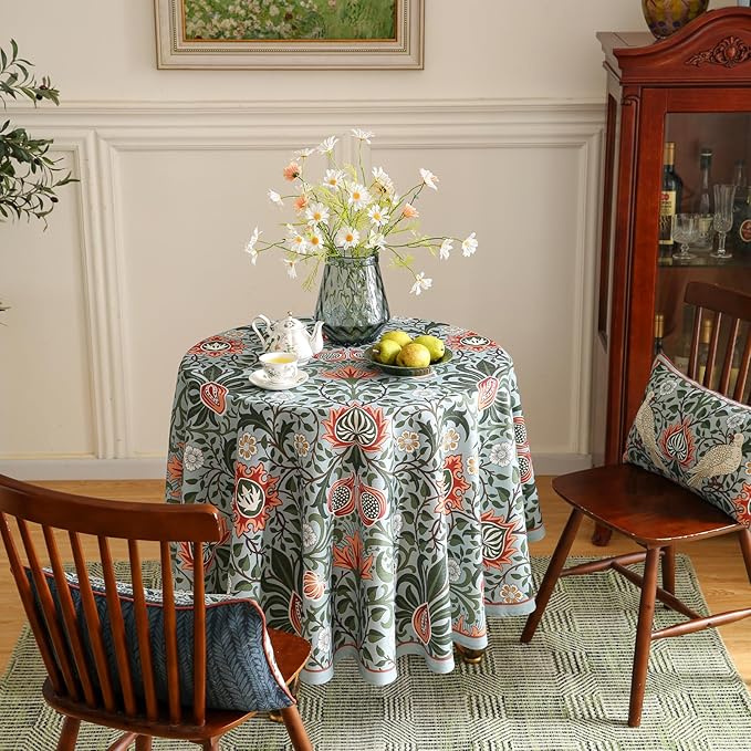 French Tablecloth for Round Tables,Linen Table Cloth with Colorful Flowers Pattern,Heavy Durable Table Cover for Dining Thanksgiving Kitchen Decor Party Christmas,Diameter 55"