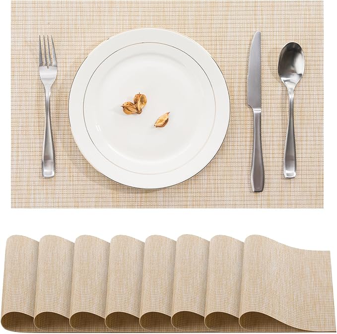BACKTOEDEN Placemats Set of 8 Heat Resistant Washable Wipeable Placemat Woven Non-Slip Foldable Vinyl/Plastic Place Mats Indoor/Outdoor Mat Kitchen Dining Table Pad, Beige Silver Line