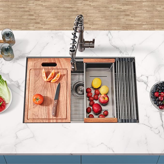 28 inch Gunmetal Black Undermount Kitchen Sink, HausinLuck 16 Gauge Stainless Steel Undermount Workstation Kitchen Sink Handmade 10 inch Deep Single Bowl Sink with Ledge and Accessories (Pack of 5)