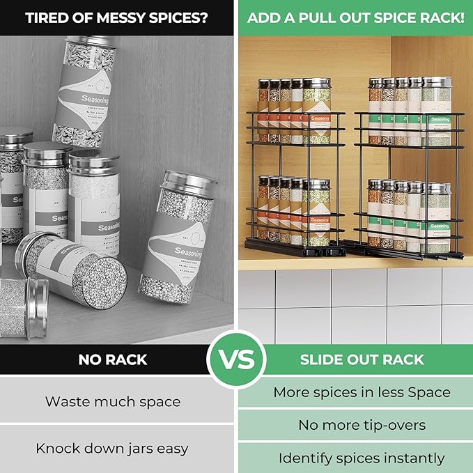 Pull Out Spice Rack Organizer for Cabinet, Slide Out Spice Racks, Easy to Install Spice Cabinet Organizers, 2.1''Wx10.35''Dx8.26''H, 2 Drawer 2 Tiers(Black)
