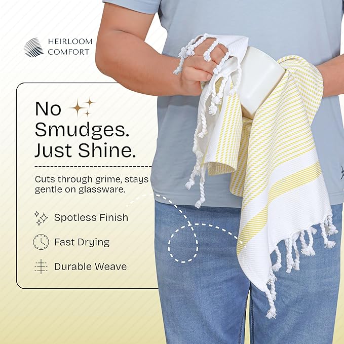 12 Pack Lemon Yellow Turkish Kitchen Towels 16"x26", 100% Cotton, Ultra Absorbent, Soft, Quick Dry, Washable, Dish Tea Towel with Tassels for Drying Dishes, Cleaning, Kitchen Use