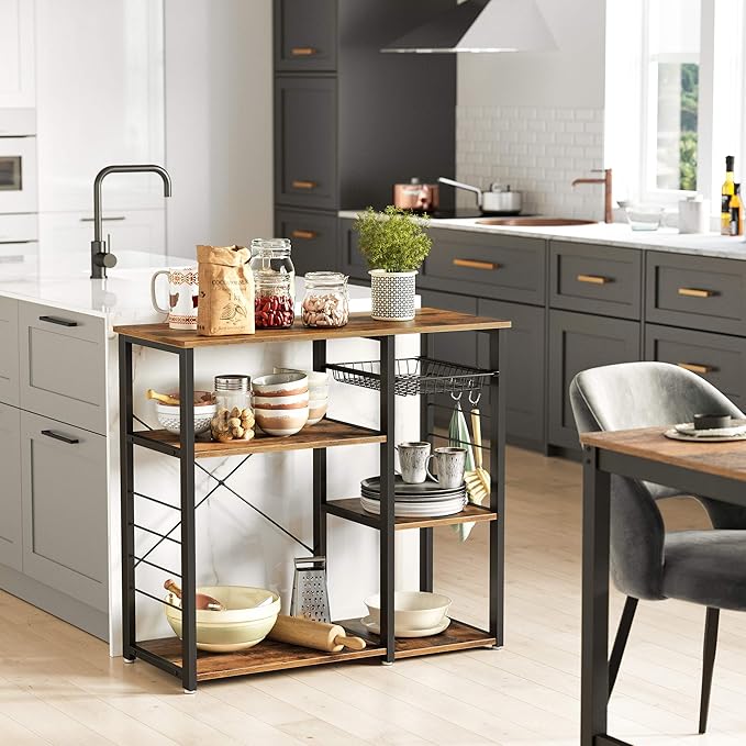 VASAGLE ALINRU Kitchen Baker’s Rack, Coffee Bar, Microwave Oven Stand, with Steel Frame, Wire Basket, 6 Hooks, 35.4", Rustic Brown