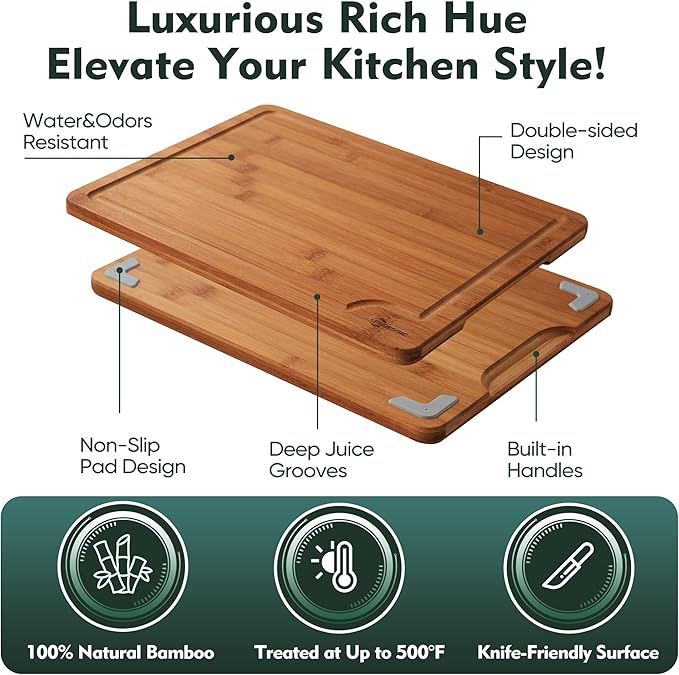 Wood Cutting Board Carbonized Bamboo Set With Smooth Surface Set 4 Packs with Non Slip Feet Holder and Over Sink Solid Thick Durable Wood Charcuterie Cheese Serving Tray Kitchen Gadgets (Carbonized)