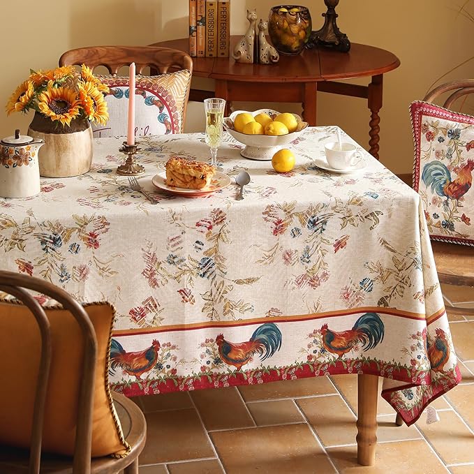 patdrea Designer Red Tablecloth for Rectangle Tables,Vintage Linen with Animals and Flowers Pattern Tablecloths,Farmhouse Floral Table Cover Cloth Decor for Kitchen Dining Christmas,63"*94"