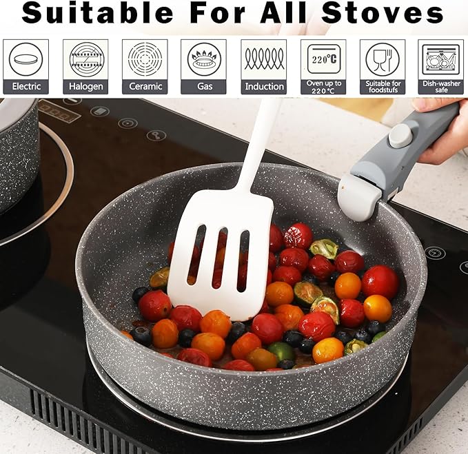 Non Stick Pot and Pan Set with Removable Handle, Ceramic Cookware Set Detachable Handle, Induction Kitchen Camping Stackable Pots Pans, Dishwasher/Oven Safe, Grey