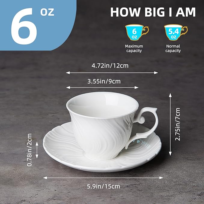 Tea Cups Set Of 4, Tea Cup And Saucer Set,6oz for Tea,Coffee, Latte, Cafe Mocha, Porcelain Tea Party Set (Pure white set of 4)