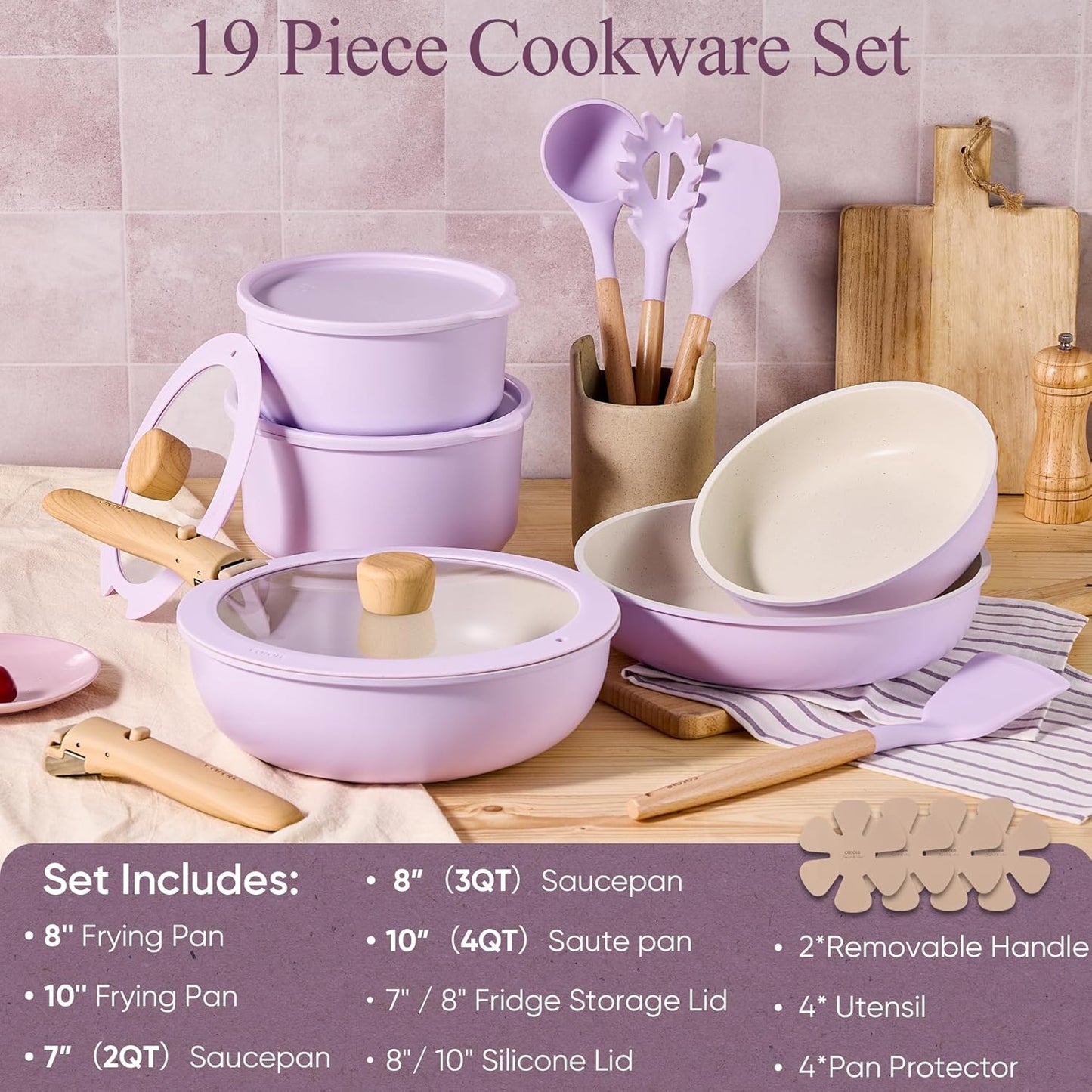 CAROTE Pots and Pans Set Non Stick, Cookware Sets, 19pcs Kitchen Set, Oven/Fridge Safe, Space Saving Pots Set, Nonstick Set with Versatile Removable/Detachable Handle, Induction RV Set, Purple